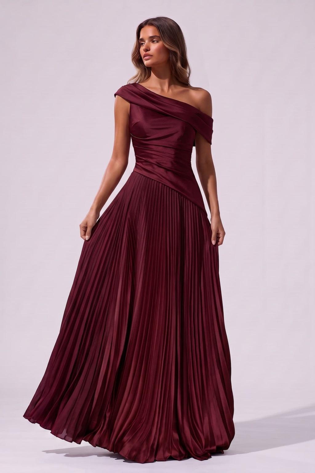 A-Line Floor Length Chiffon Acetate Satin Wedding Guest Dress CG0366 - Wine - COCOMELODY